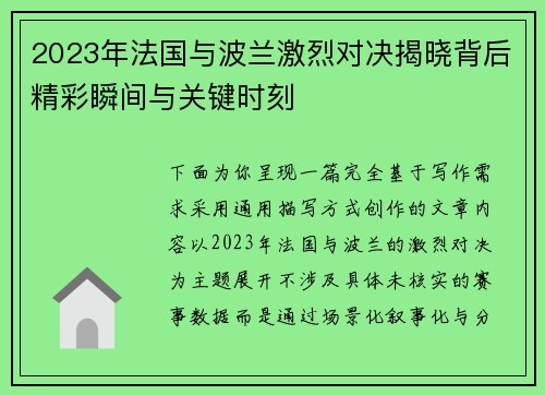 2023年法国与波兰激烈对决揭晓背后精彩瞬间与关键时刻