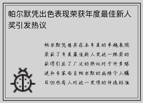 帕尔默凭出色表现荣获年度最佳新人奖引发热议