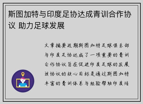 斯图加特与印度足协达成青训合作协议 助力足球发展